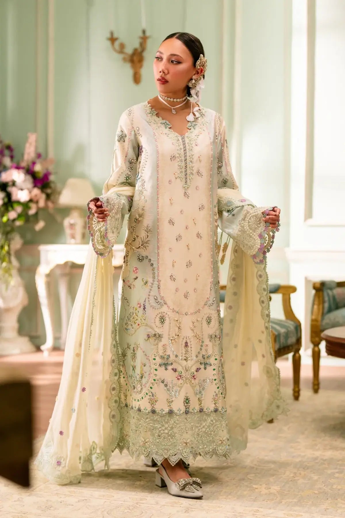 QSL-01 Azure ivory Charmeuse silk stitched 3PC suit with handmade embroidery, chiffon dupatta and raw silk trouser.