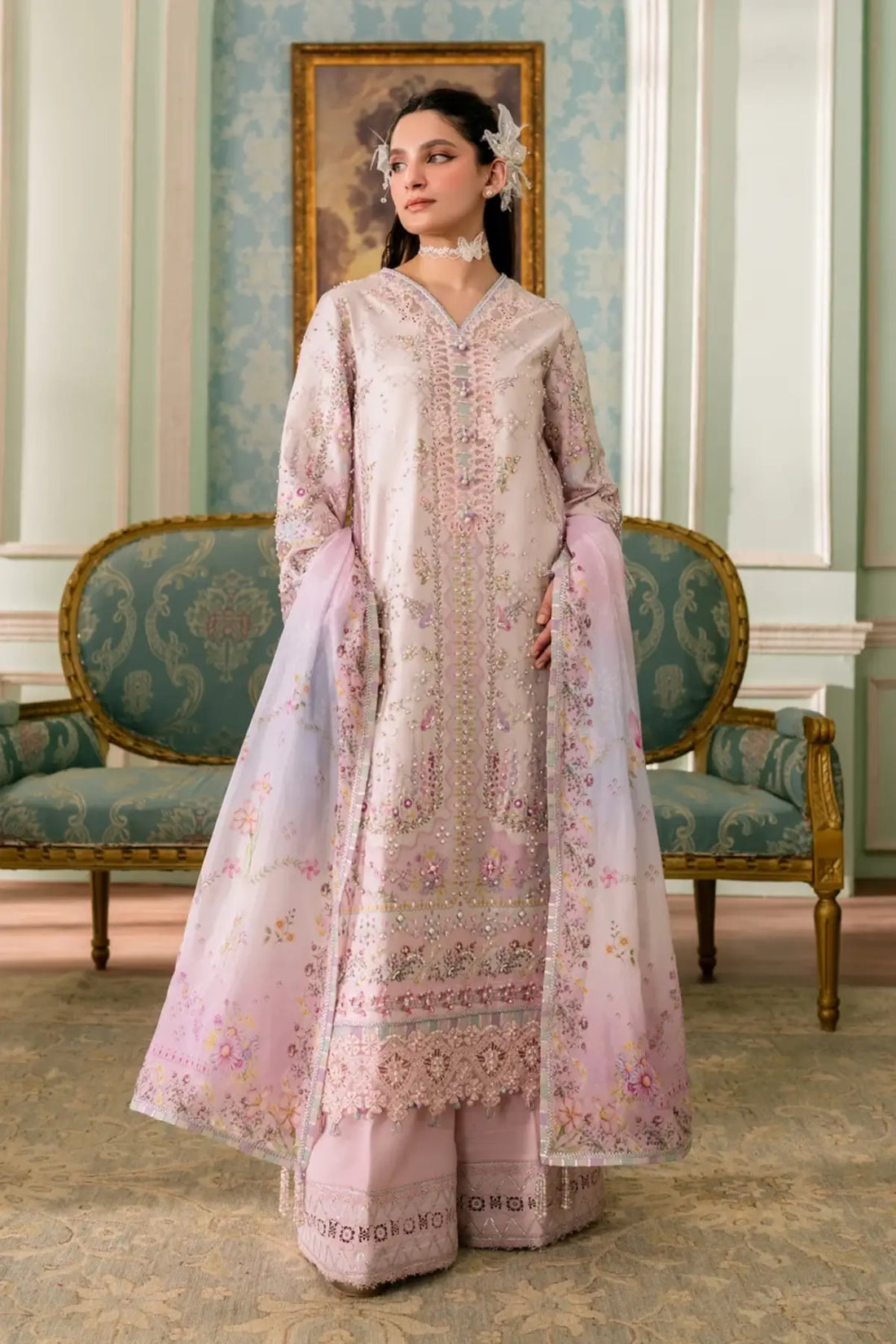 QSL-02 Calista pink Charmeuse silk stitched 3PC suit with handmade embroidery, silk dupatta and raw silk trouser.