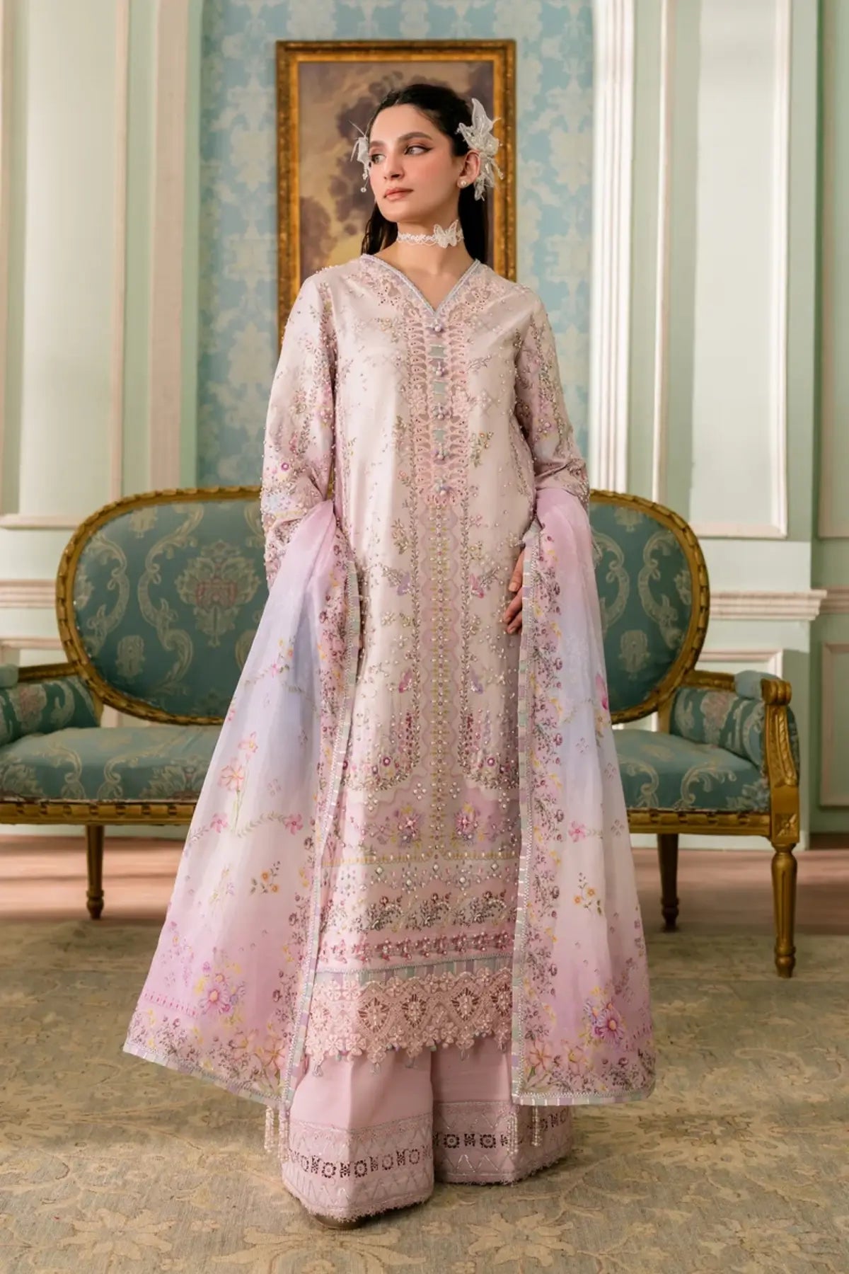 QSL-02 Calista pink Charmeuse silk stitched 3PC suit with handmade embroidery, silk dupatta and raw silk trouser.