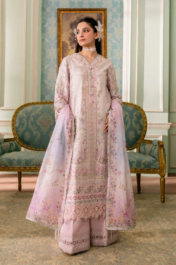 QSL-02 Calista pink Charmeuse silk stitched 3PC suit with handmade embroidery, silk dupatta and raw silk trouser.
