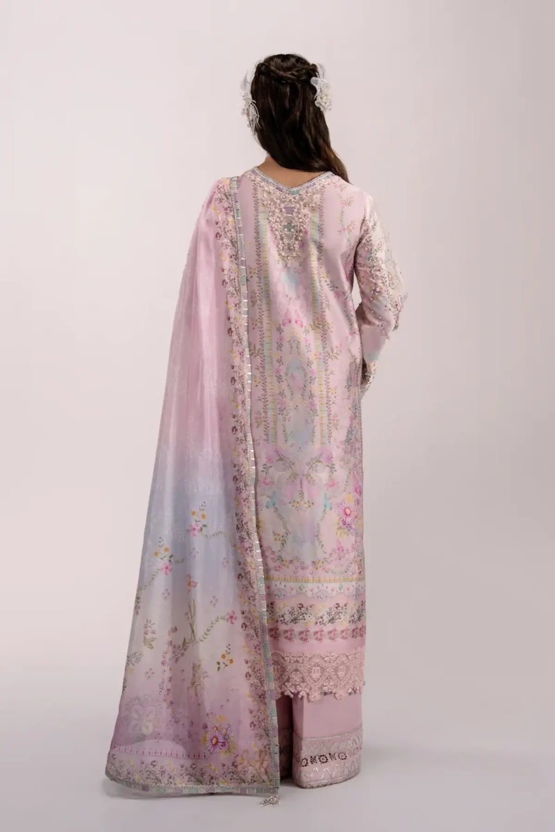 QSL-02 Calista pink Charmeuse silk stitched 3PC suit with handmade embroidery, silk dupatta and raw silk trouser.