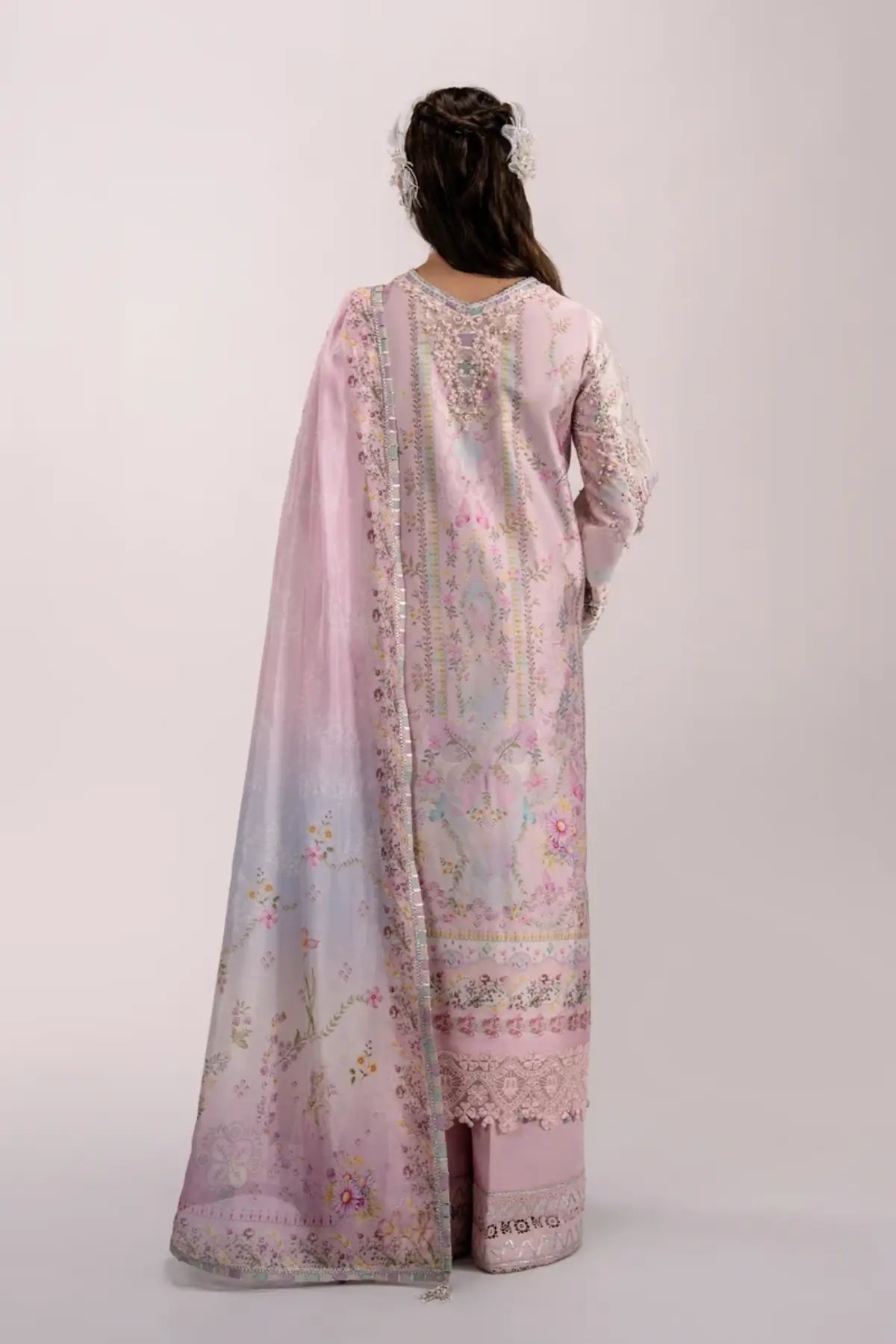 QSL-02 Calista pink Charmeuse silk stitched 3PC suit with handmade embroidery, silk dupatta and raw silk trouser.