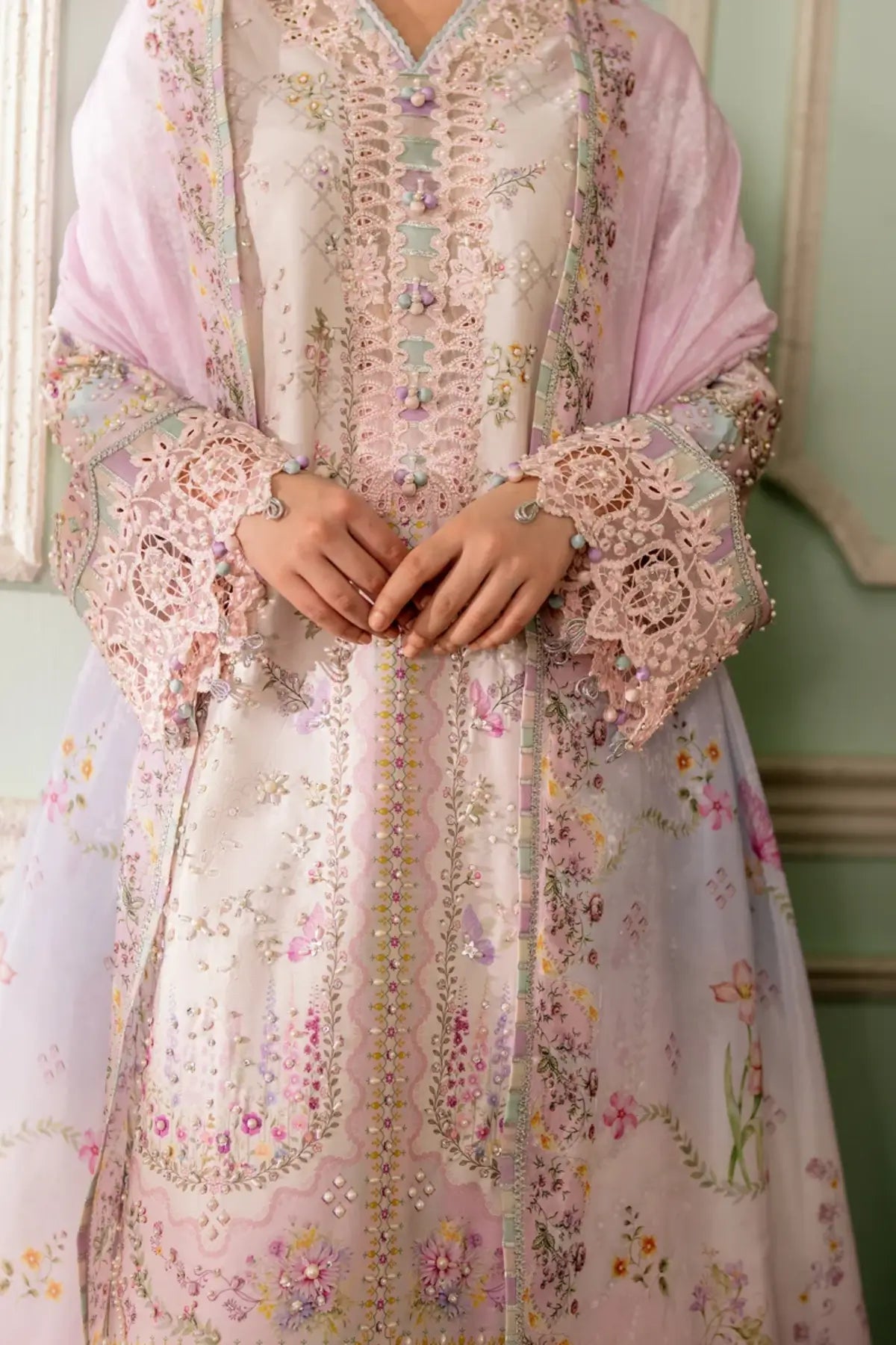 QSL-02 Calista pink Charmeuse silk stitched 3PC suit with handmade embroidery, silk dupatta and raw silk trouser.