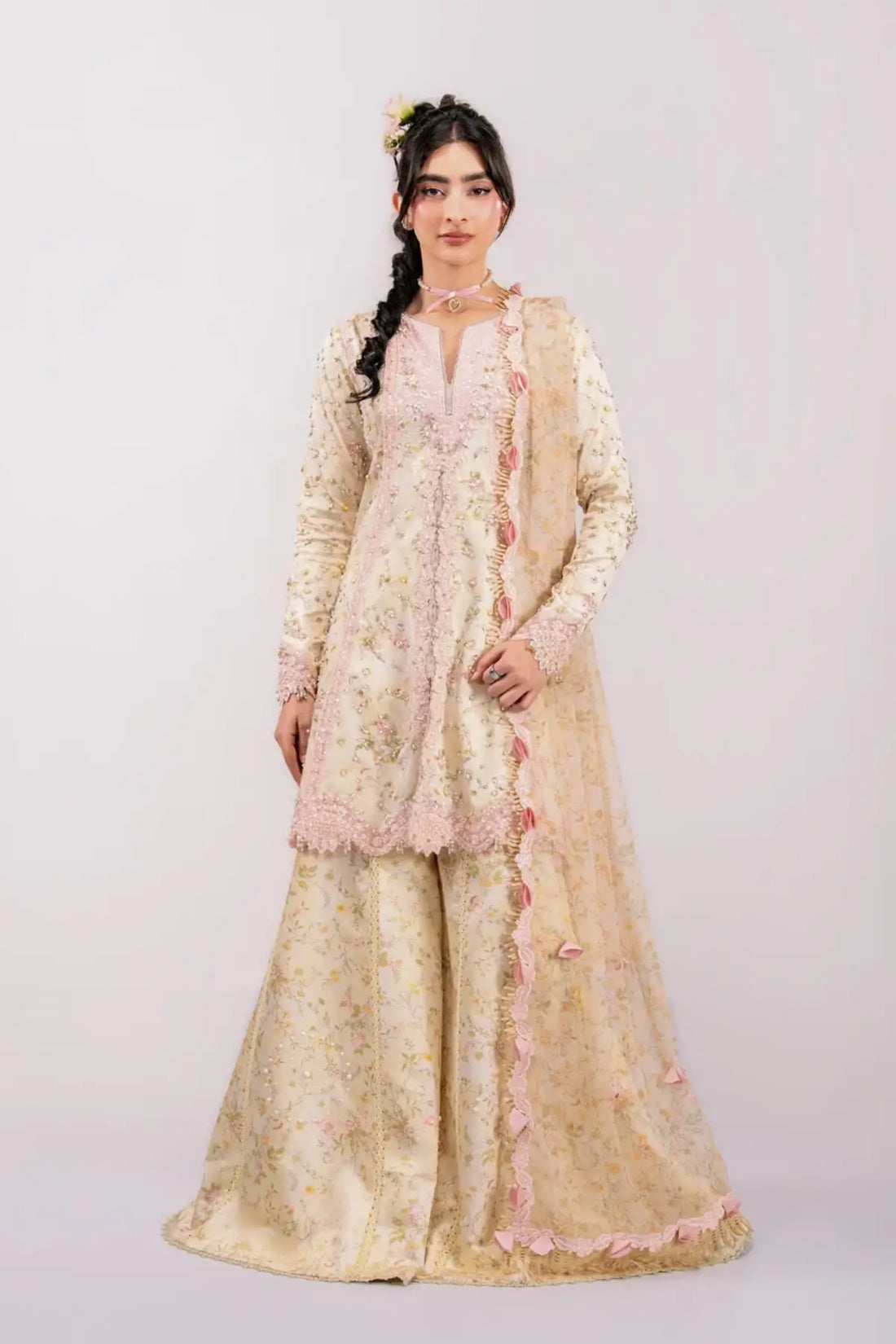QSL-03 Solene Luxe Silk ’26 beige embroidered Charmeuse silk stitched 3PC suit with handmade floral detailing, printed chiffon dupatta and raw silk trouser