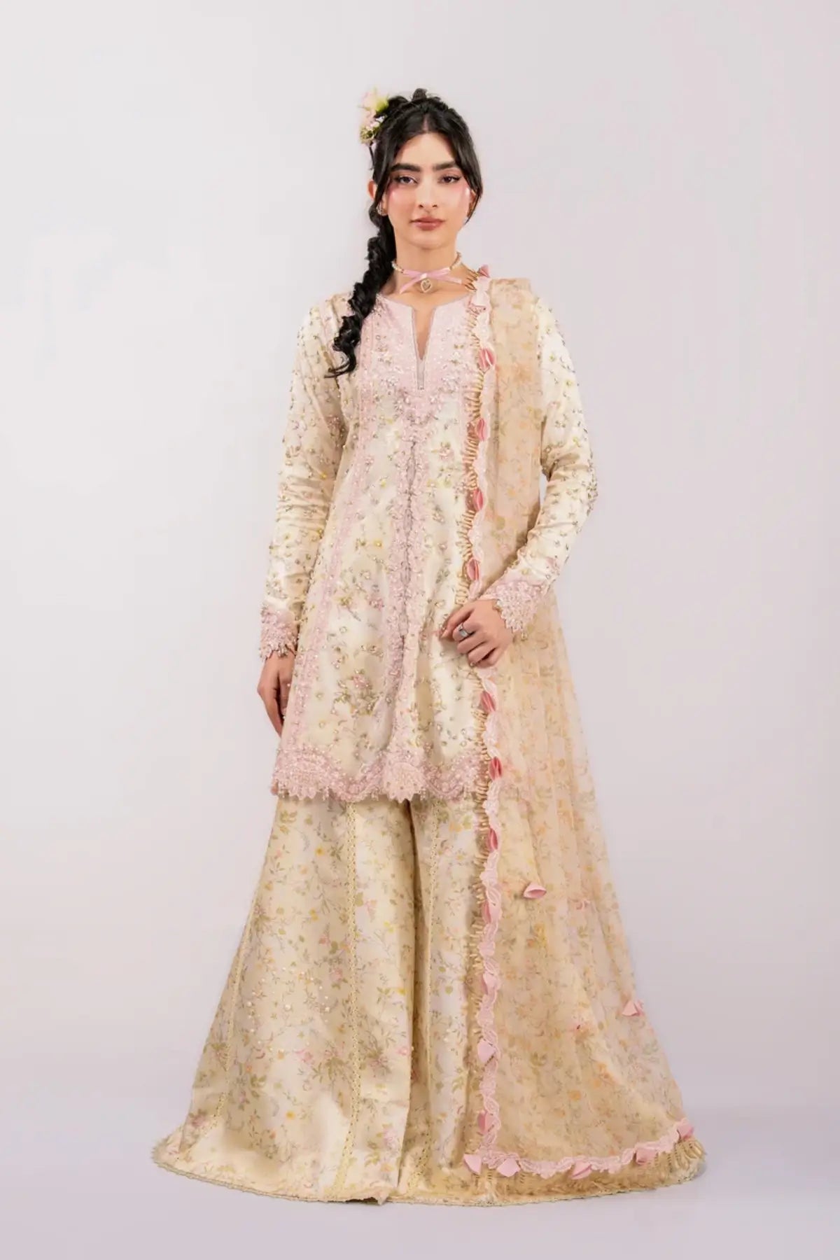 QSL-03 Solene Luxe Silk ’26 beige embroidered Charmeuse silk stitched 3PC suit with handmade floral detailing, printed chiffon dupatta and raw silk trouser