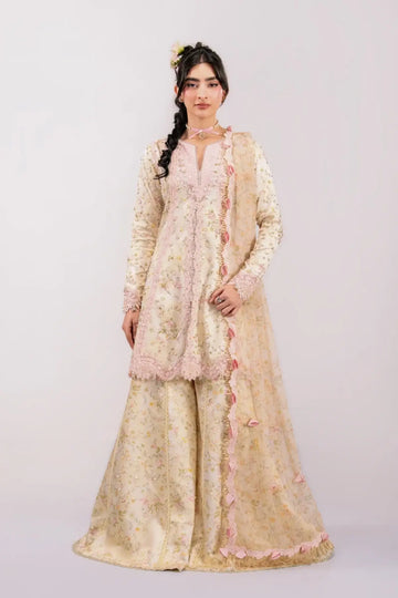 QSL-03 Solene Luxe Silk ’26 beige embroidered Charmeuse silk stitched 3PC suit with handmade floral detailing, printed chiffon dupatta and raw silk trouser