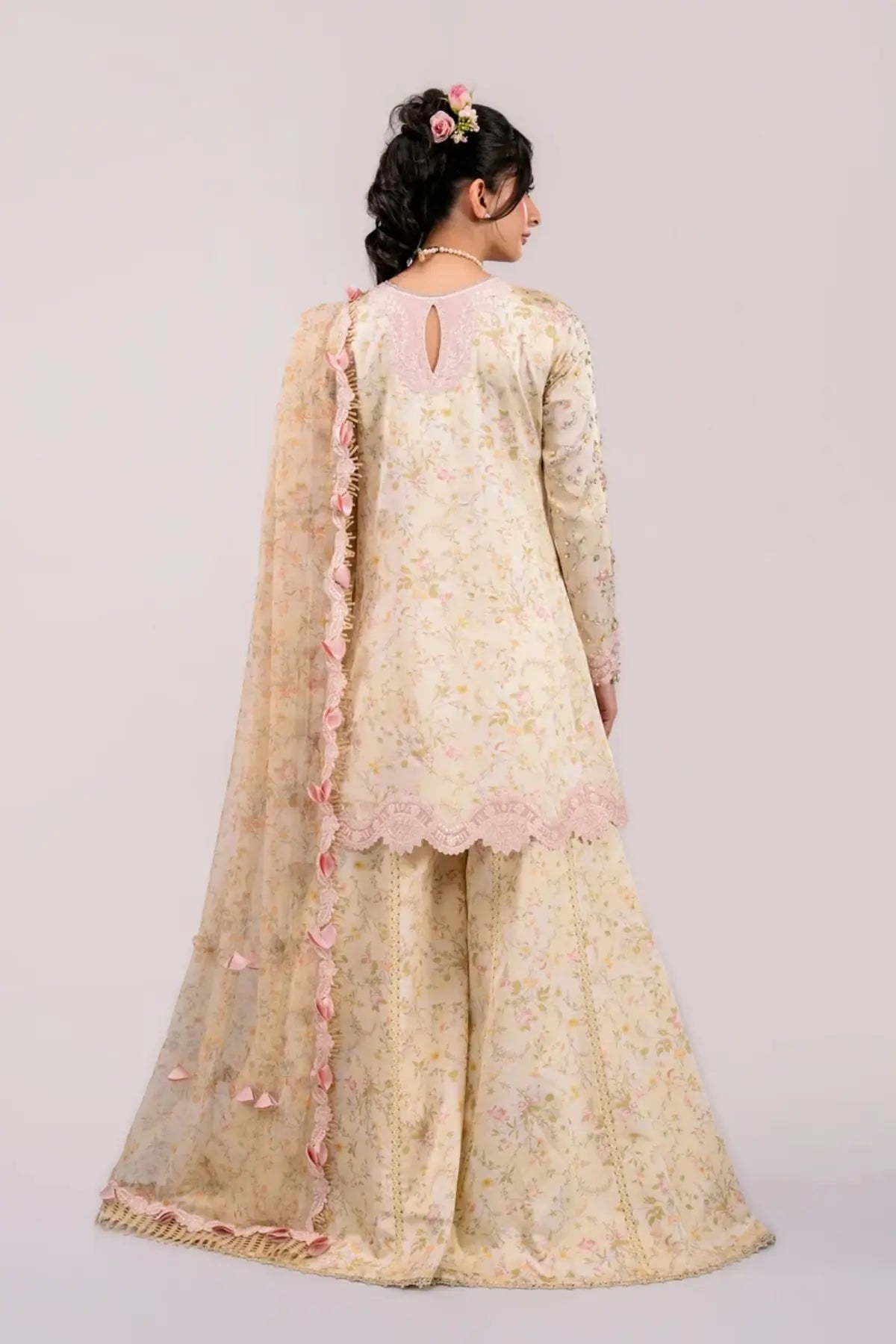 QSL-03 Solene Luxe Silk ’26 beige embroidered Charmeuse silk stitched 3PC suit with handmade floral detailing, printed chiffon dupatta and raw silk trouser