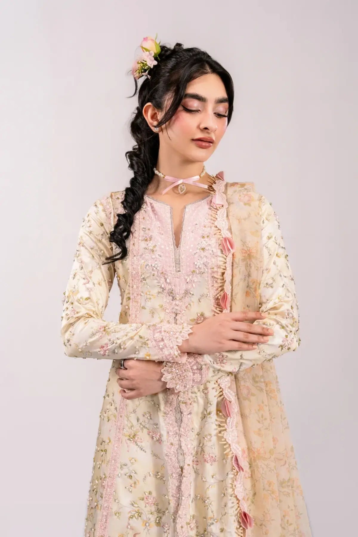 QSL-03 Solene Luxe Silk ’26 beige embroidered Charmeuse silk stitched 3PC suit with handmade floral detailing, printed chiffon dupatta and raw silk trouser