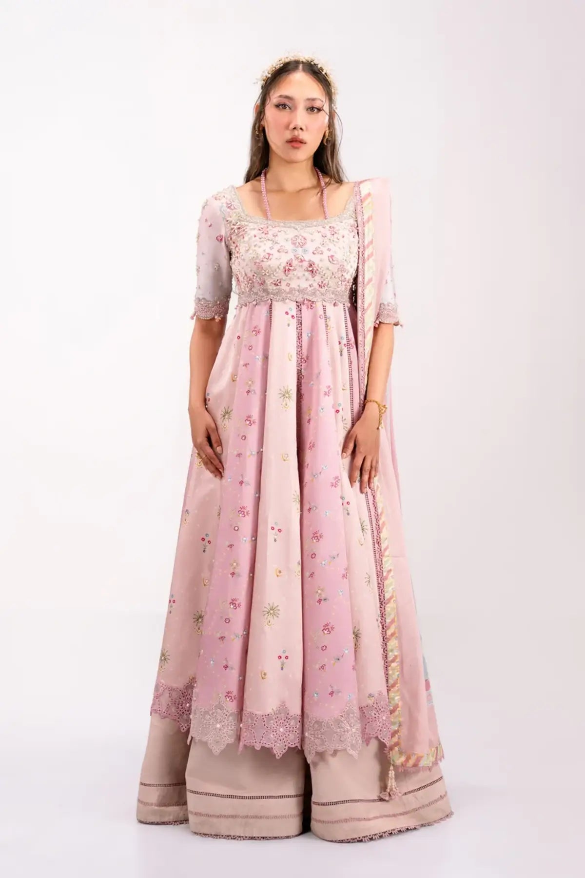 QSL-04 Lara blush pink embroidered Charmeuse silk Kalidar with handmade detailing, raw silk dupatta and trouser.