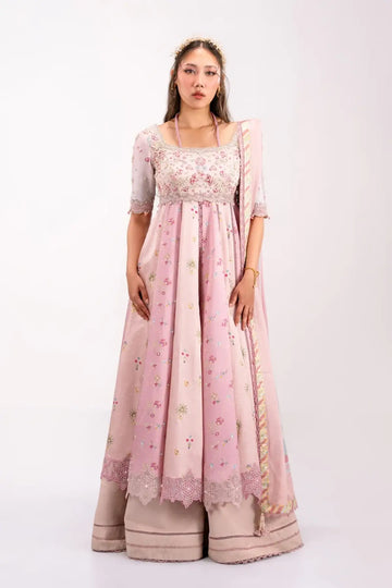 QSL-04 Lara blush pink embroidered Charmeuse silk Kalidar with handmade detailing, raw silk dupatta and trouser.