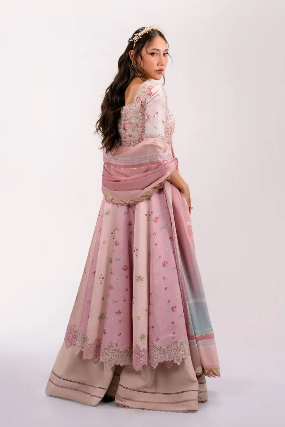 QSL-04 Lara blush pink embroidered Charmeuse silk Kalidar with handmade detailing, raw silk dupatta and trouser.