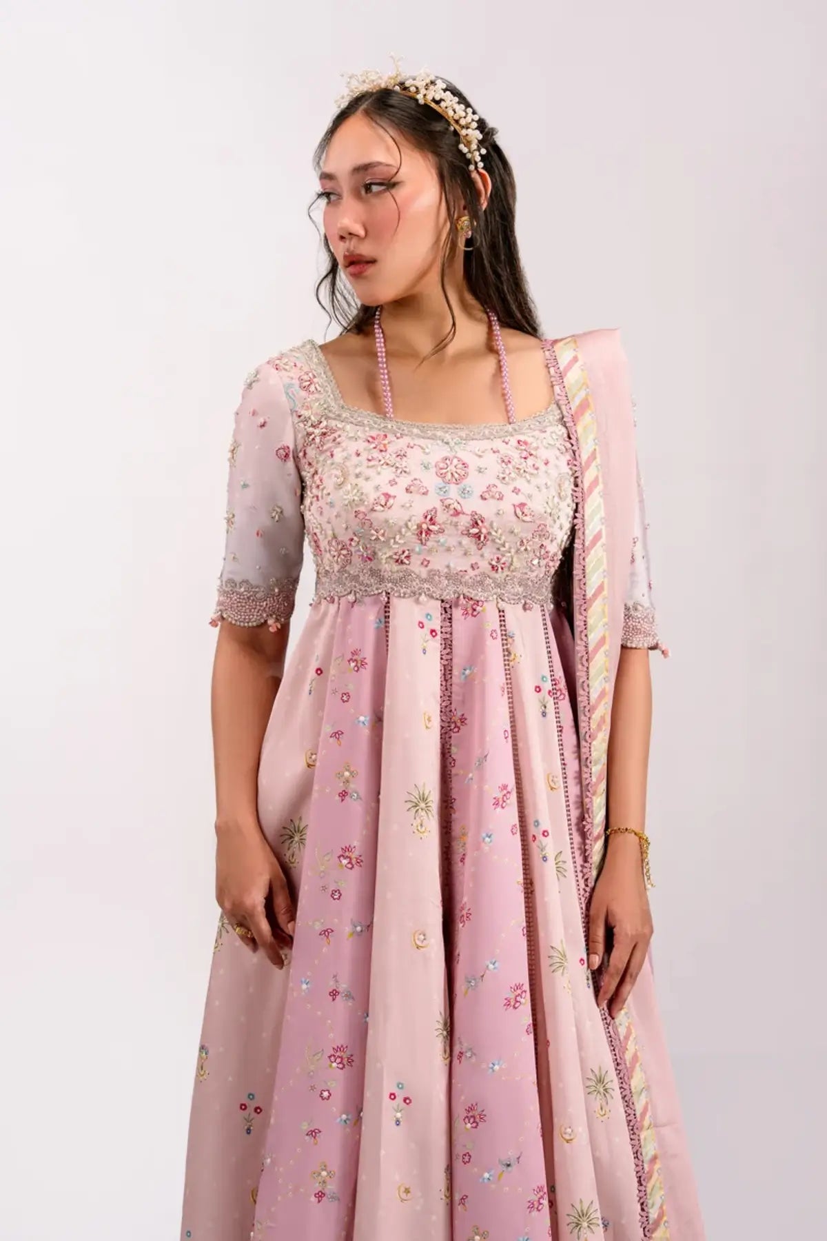 QSL-04 Lara blush pink embroidered Charmeuse silk Kalidar with handmade detailing, raw silk dupatta and trouser.