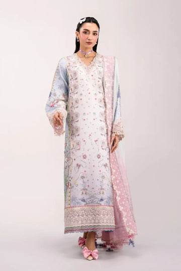 QSL-05 Akari ice blue Charmeuse silk suit with handmade embroidery, printed silk dupatta and raw silk trouser.