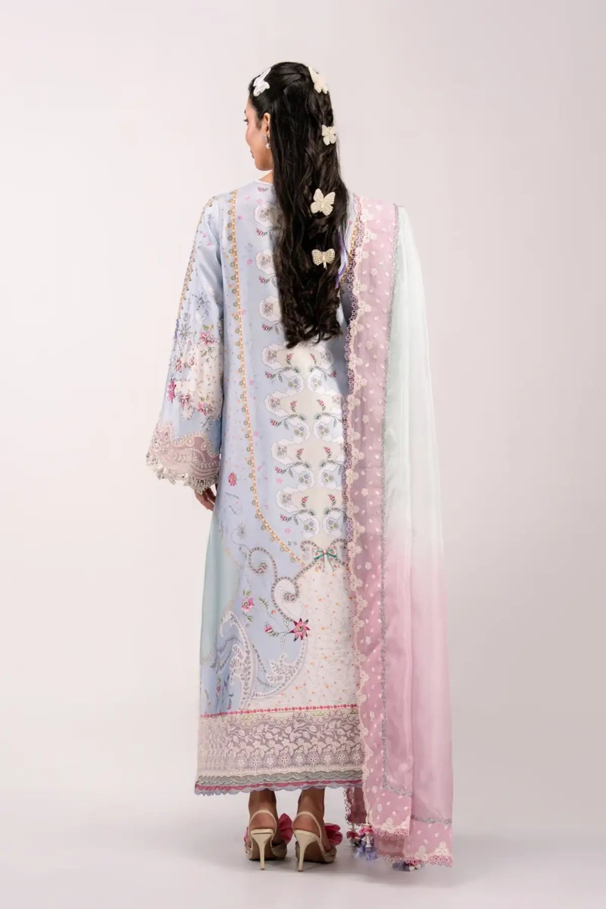 QSL-05 Akari ice blue Charmeuse silk suit with handmade embroidery, printed silk dupatta and raw silk trouser.