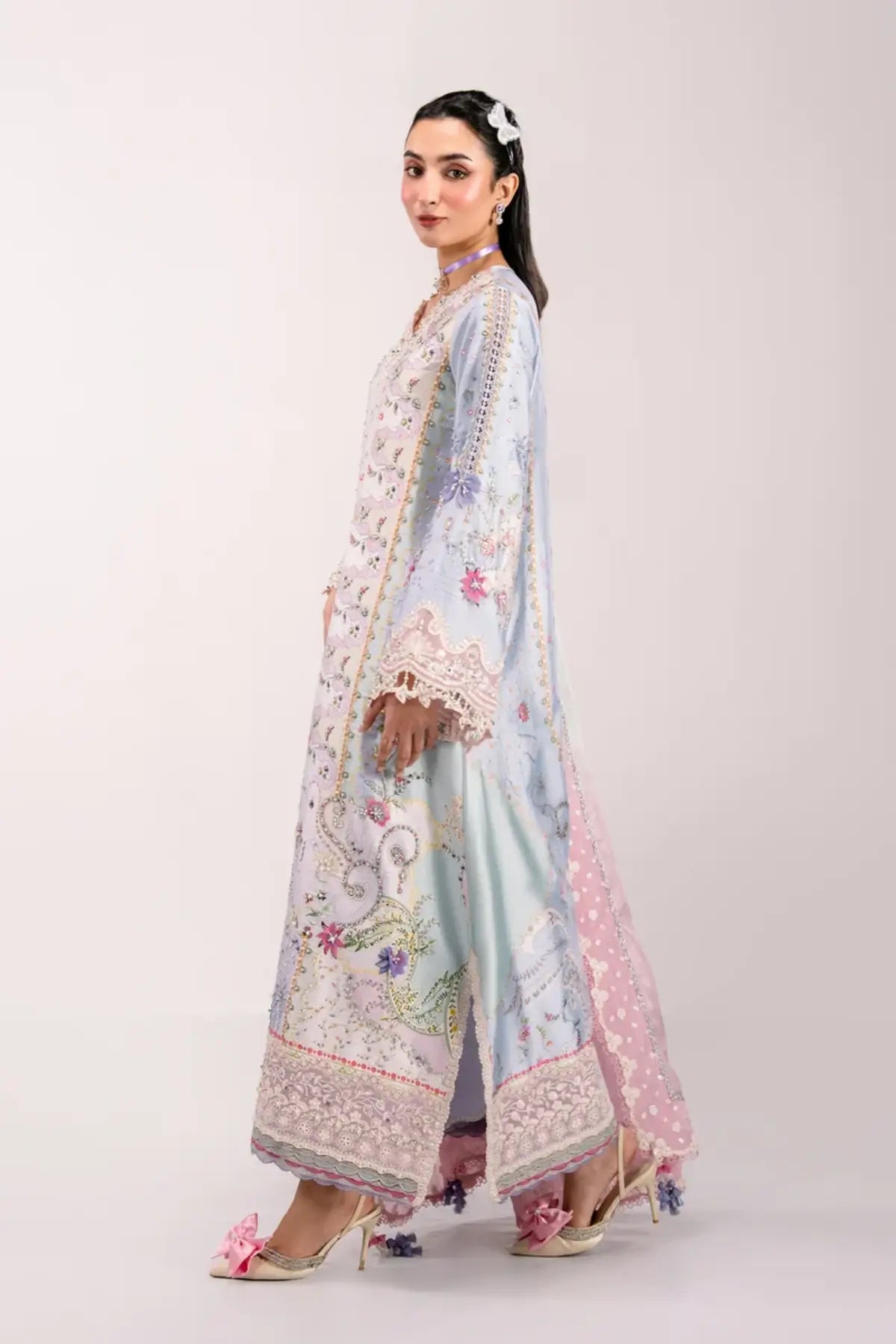 QSL-05 Akari ice blue Charmeuse silk suit with handmade embroidery, printed silk dupatta and raw silk trouser.