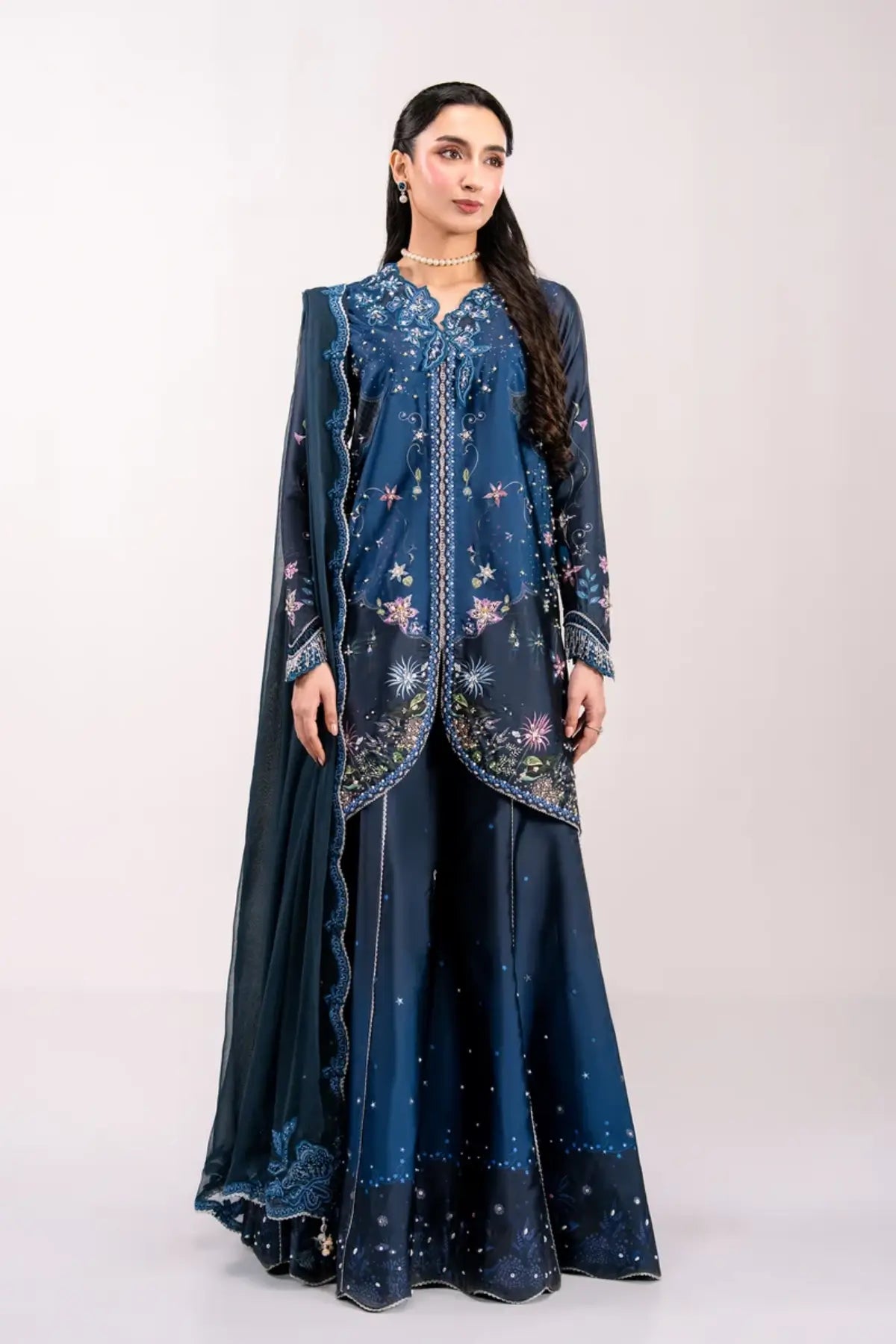 QSL-06 Nerina navy blue embroidered Charmeuse silk stitched 3PC suit with chiffon dupatta and printed silk trouser.