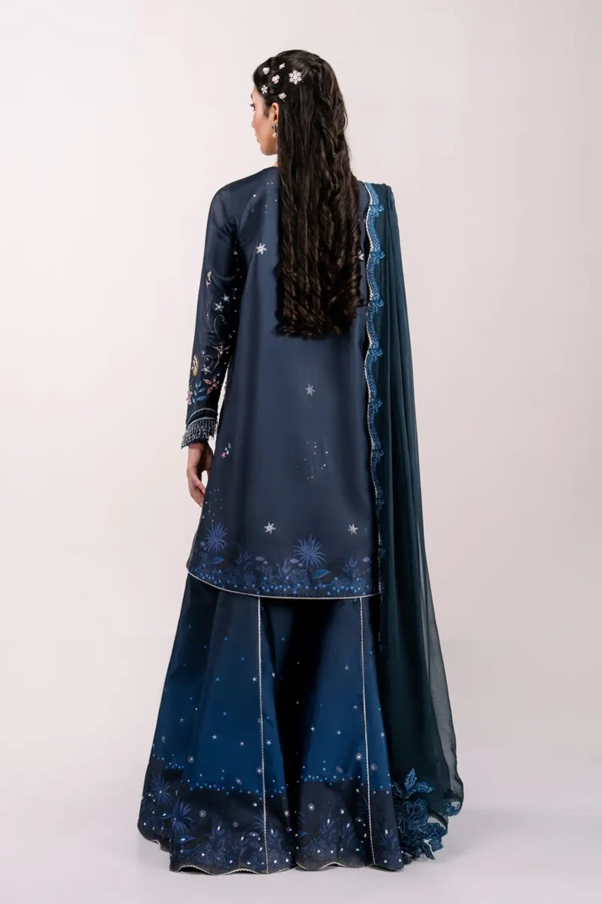QSL-06 Nerina navy blue embroidered Charmeuse silk stitched 3PC suit with chiffon dupatta and printed silk trouser.