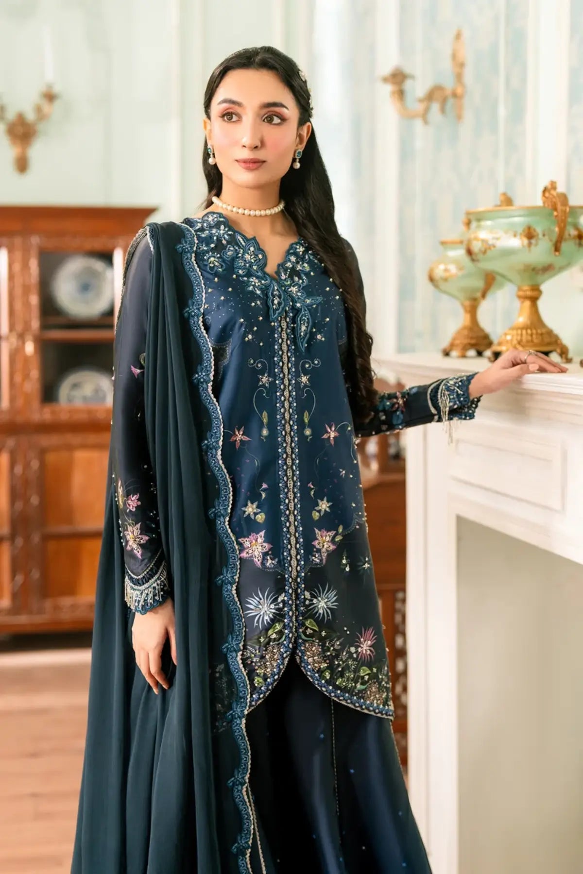 QSL-06 Nerina navy blue embroidered Charmeuse silk stitched 3PC suit with chiffon dupatta and printed silk trouser.