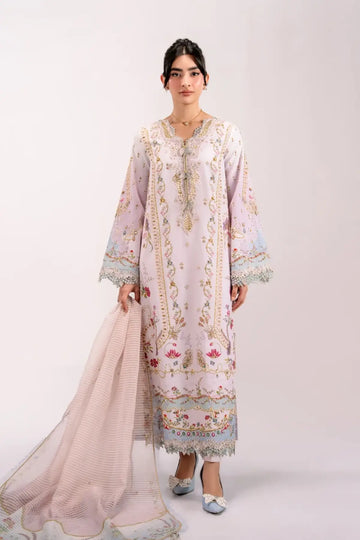 QSL-07 Noa ivory embellished Charmeuse silk suit with handmade embroidery, Rocket Net dupatta and raw silk trouser.
