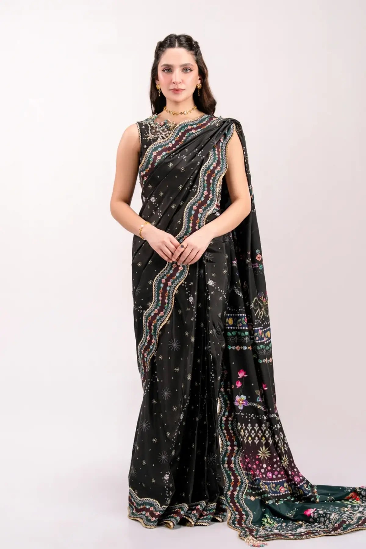 QSL-08 Linnea black Grip Silk saree with handmade embroidery, multicolor detailing and embroidered silk bodice.
