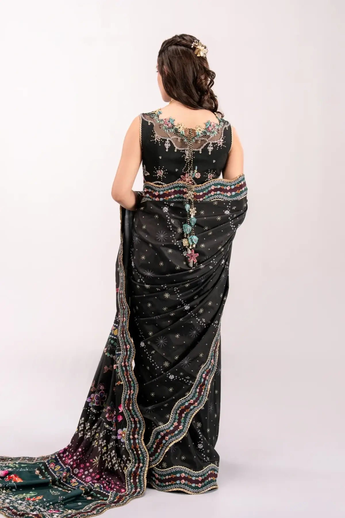 QSL-08 Linnea black Grip Silk saree with handmade embroidery, multicolor detailing and embroidered silk bodice.