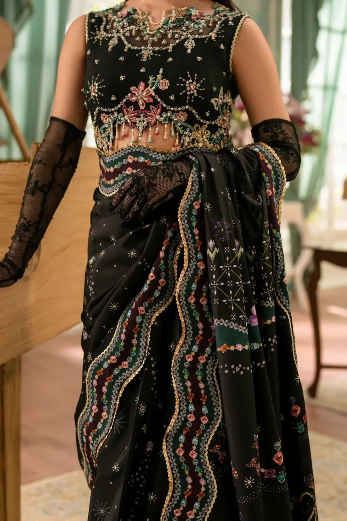 QSL-08 Linnea black Grip Silk saree with handmade embroidery, multicolor detailing and embroidered silk bodice.