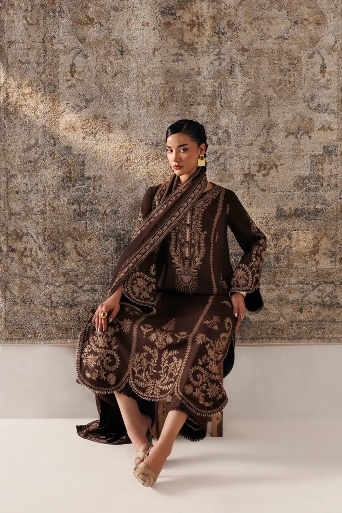 Qalamkar Shaheen QLW-04 chocolate brown embroidered linen stitched 3 piece suit with linen shawl