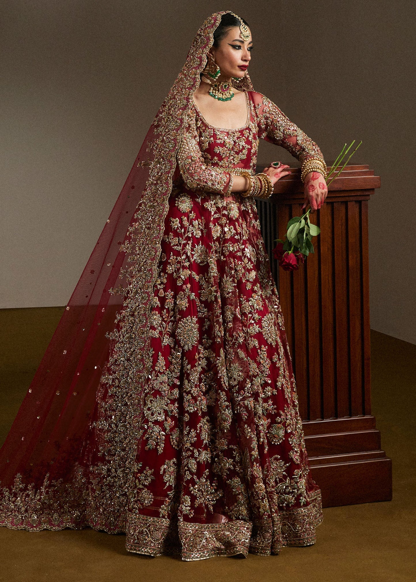 Qashqaye-Ruby Woo Pishwas with Gotta Tilla & Satin Silk Lehenga