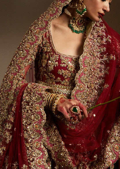 Qashqaye-Ruby Woo Pishwas with Gotta Tilla & Satin Silk Lehenga