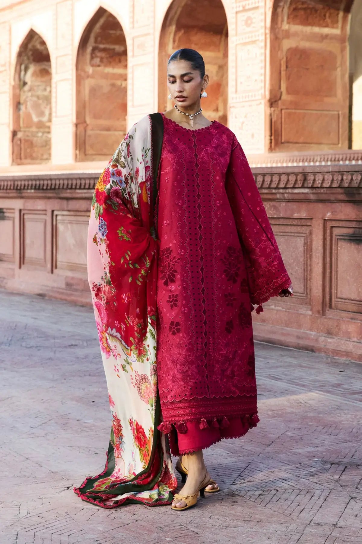 Qermez red luxury lawn stitched 3PC suit with chiffon dupatta by Hussain Rehar Pakistanimoda