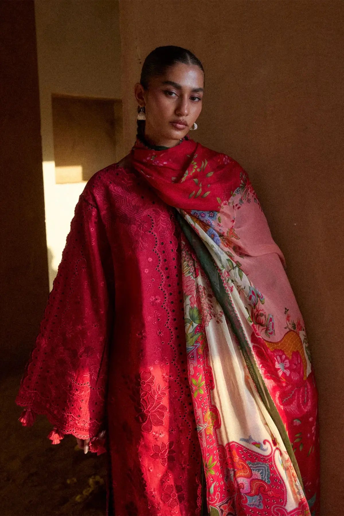 Qermez red luxury lawn stitched 3PC suit with chiffon dupatta by Hussain Rehar Pakistanimoda