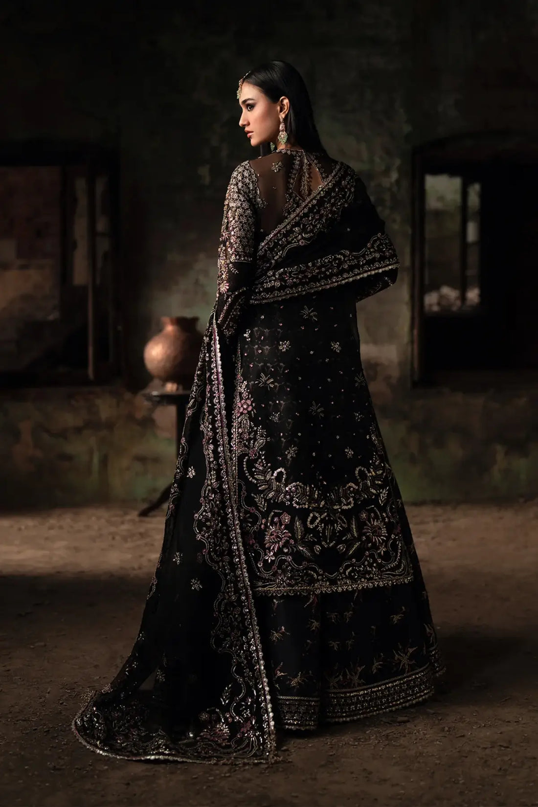 Pakistani black organza sharara outfit for Eid and formal wear.