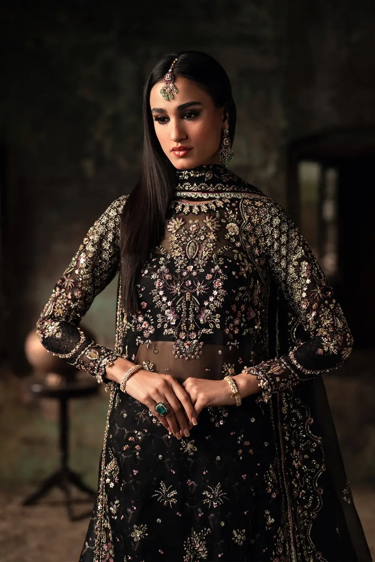 Pakistani black organza sharara outfit for Eid and formal wear.