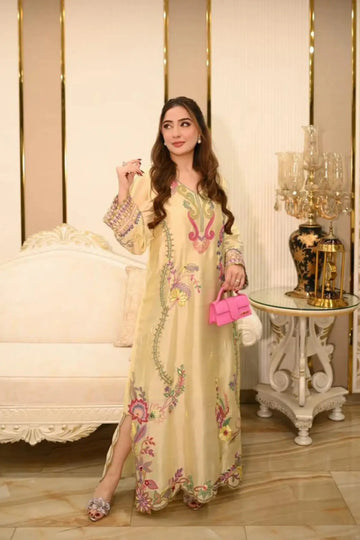Butter yellow Qudsia designer kaftan in sheesha silk with detailed embroidery