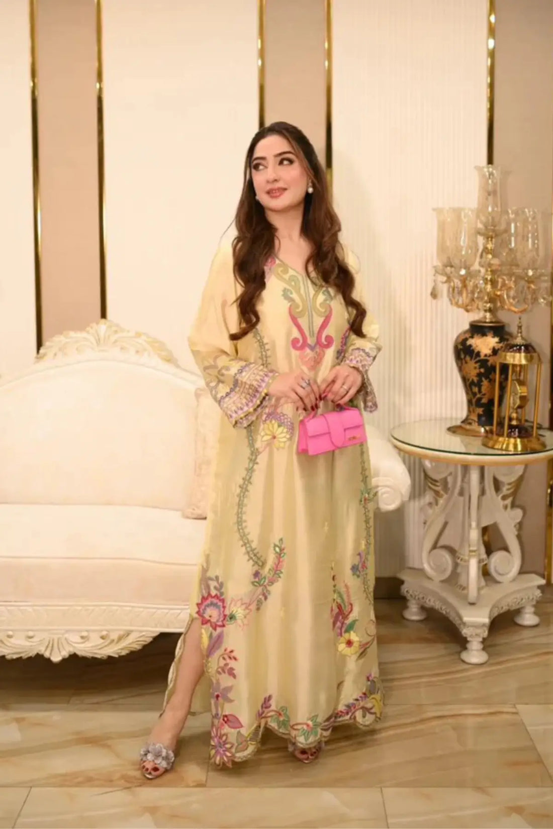 Butter yellow Qudsia designer kaftan in sheesha silk with detailed embroidery