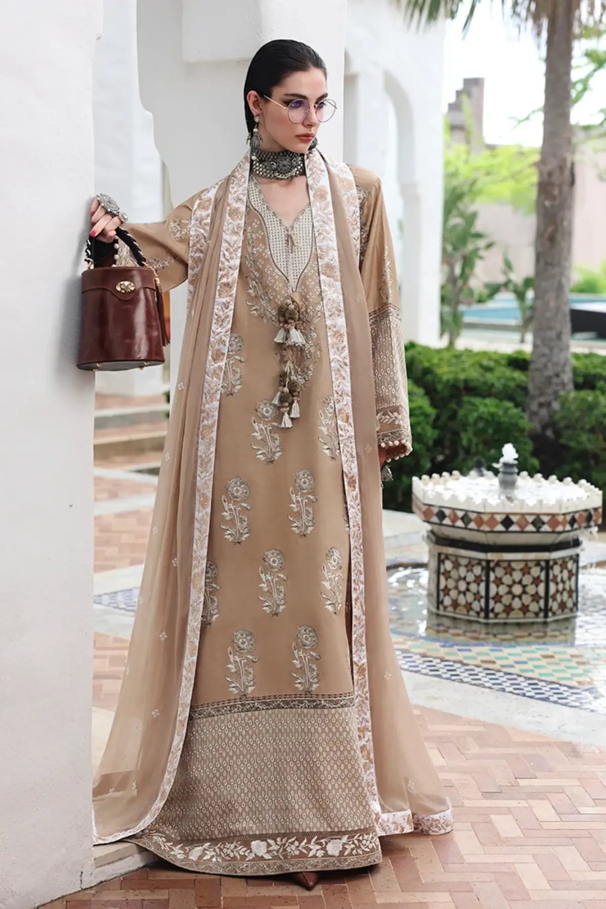 Queen’s Promise Nuvera beige embroidered raw silk formal stitched 3PC suit with chiffon dupatta