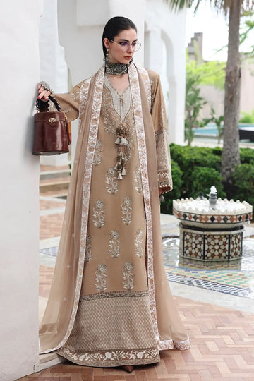 Queen’s Promise Nuvera beige embroidered raw silk formal stitched 3PC suit with chiffon dupatta