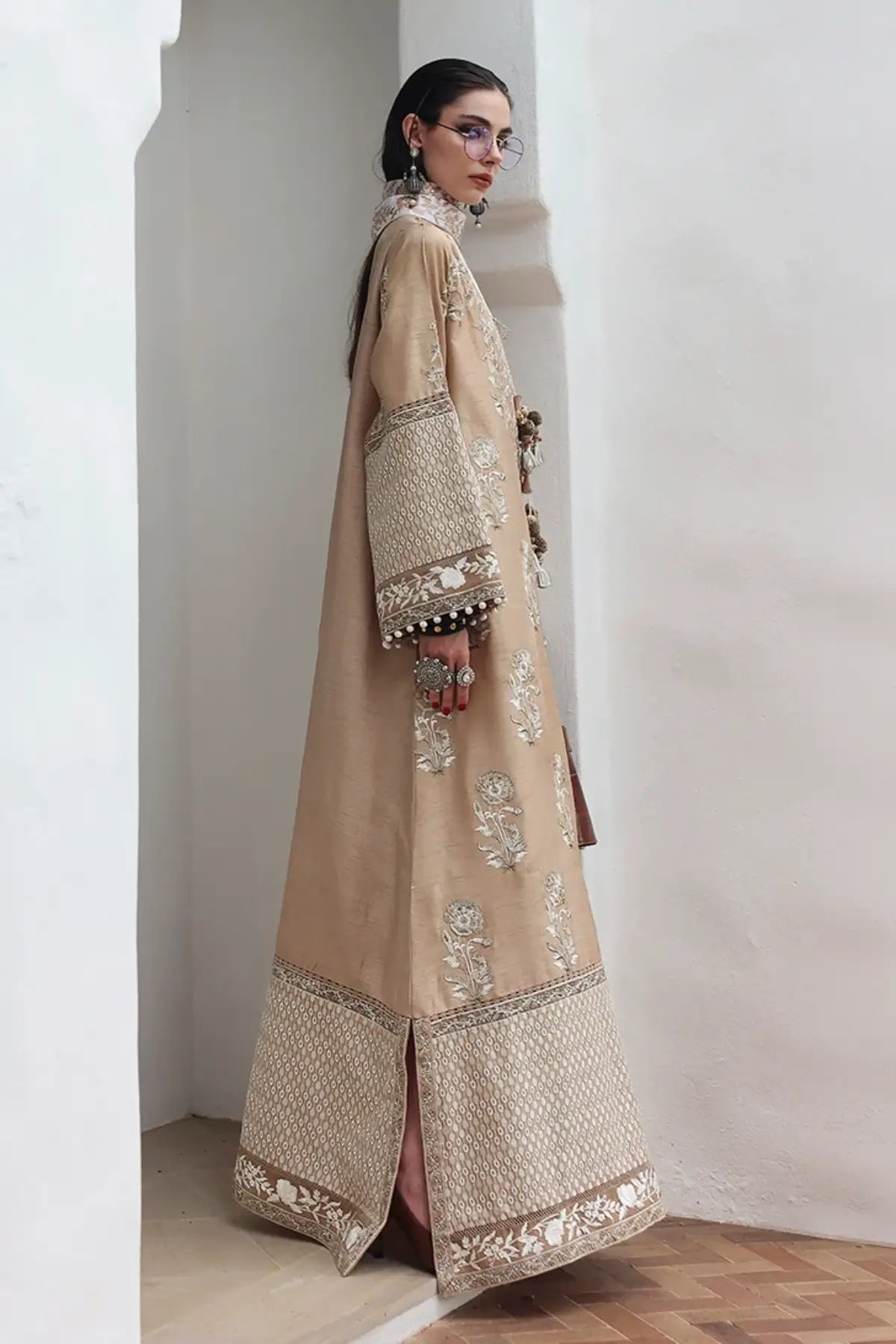 Queen’s Promise Nuvera beige embroidered raw silk formal stitched 3PC suit with chiffon dupatta