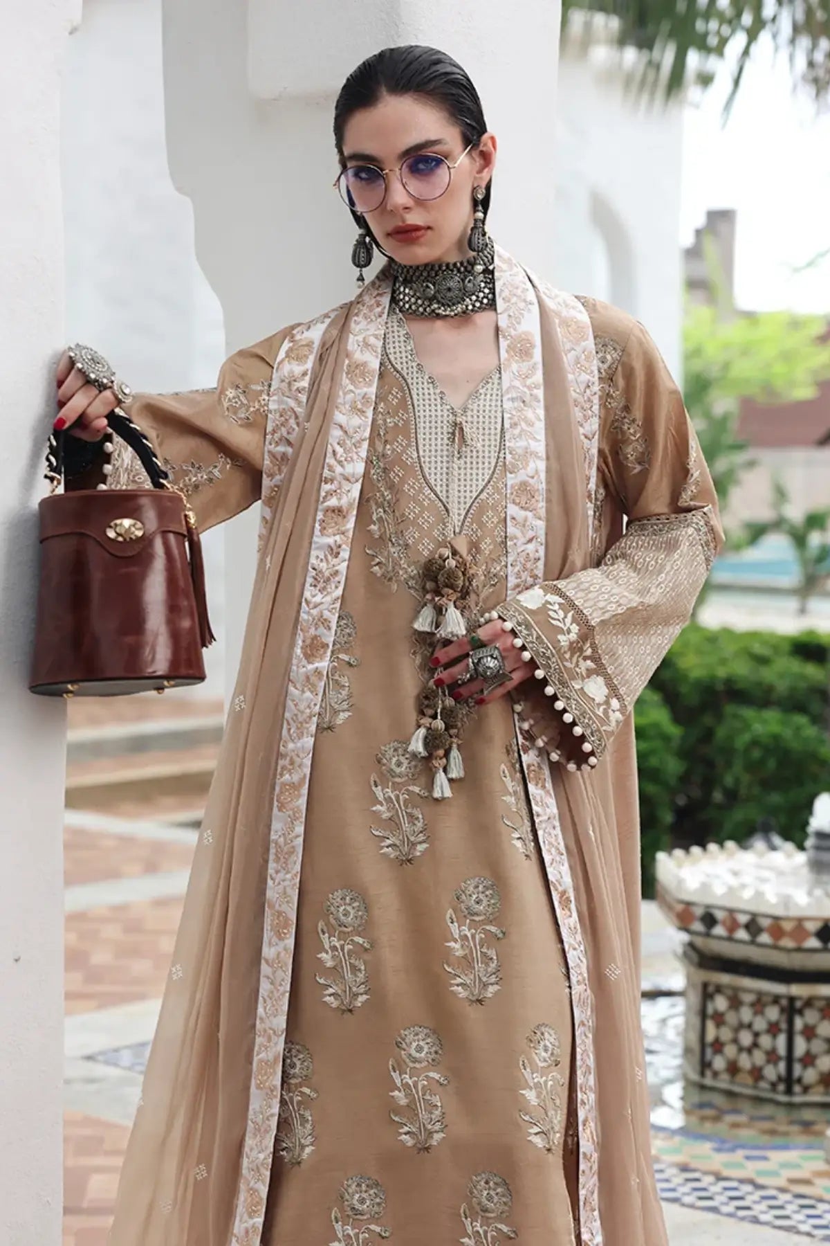 Queen’s Promise Nuvera beige embroidered raw silk formal stitched 3PC suit with chiffon dupatta