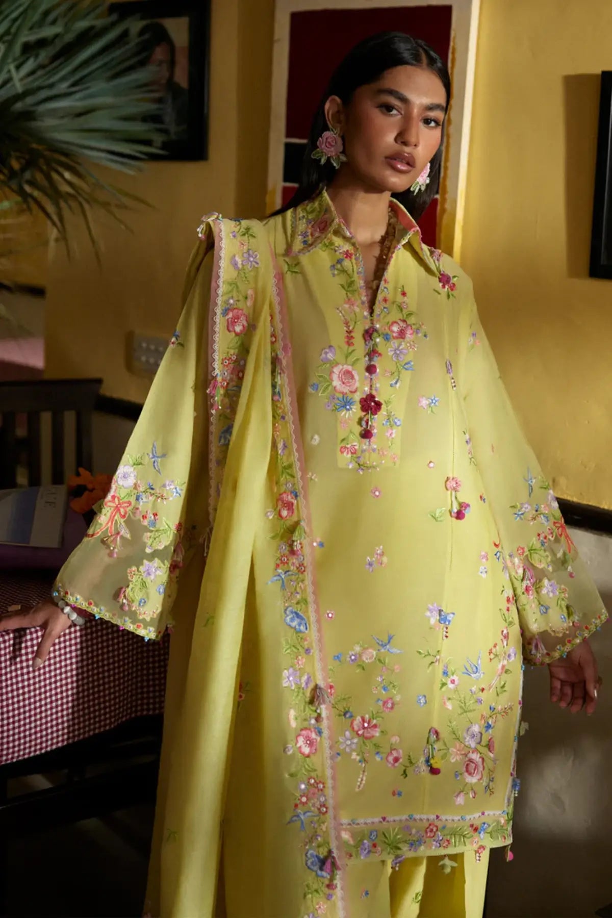 Zaha Queen of the Andes ZF26-08 lemon stitched lawn 3PC suit with floral embroidery and dupatta