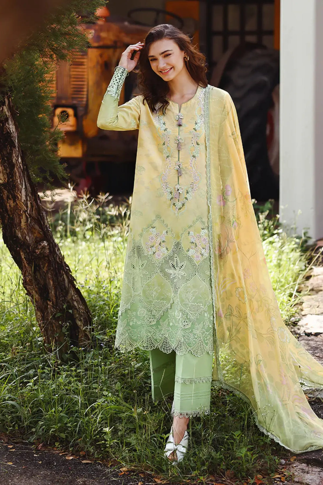 Quiet Bloom Mushq yellow green ombre chikankari lawn 3pc stitched suit with chiffon dupatta