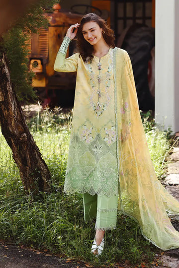 Quiet Bloom Mushq yellow green ombre chikankari lawn 3pc stitched suit with chiffon dupatta