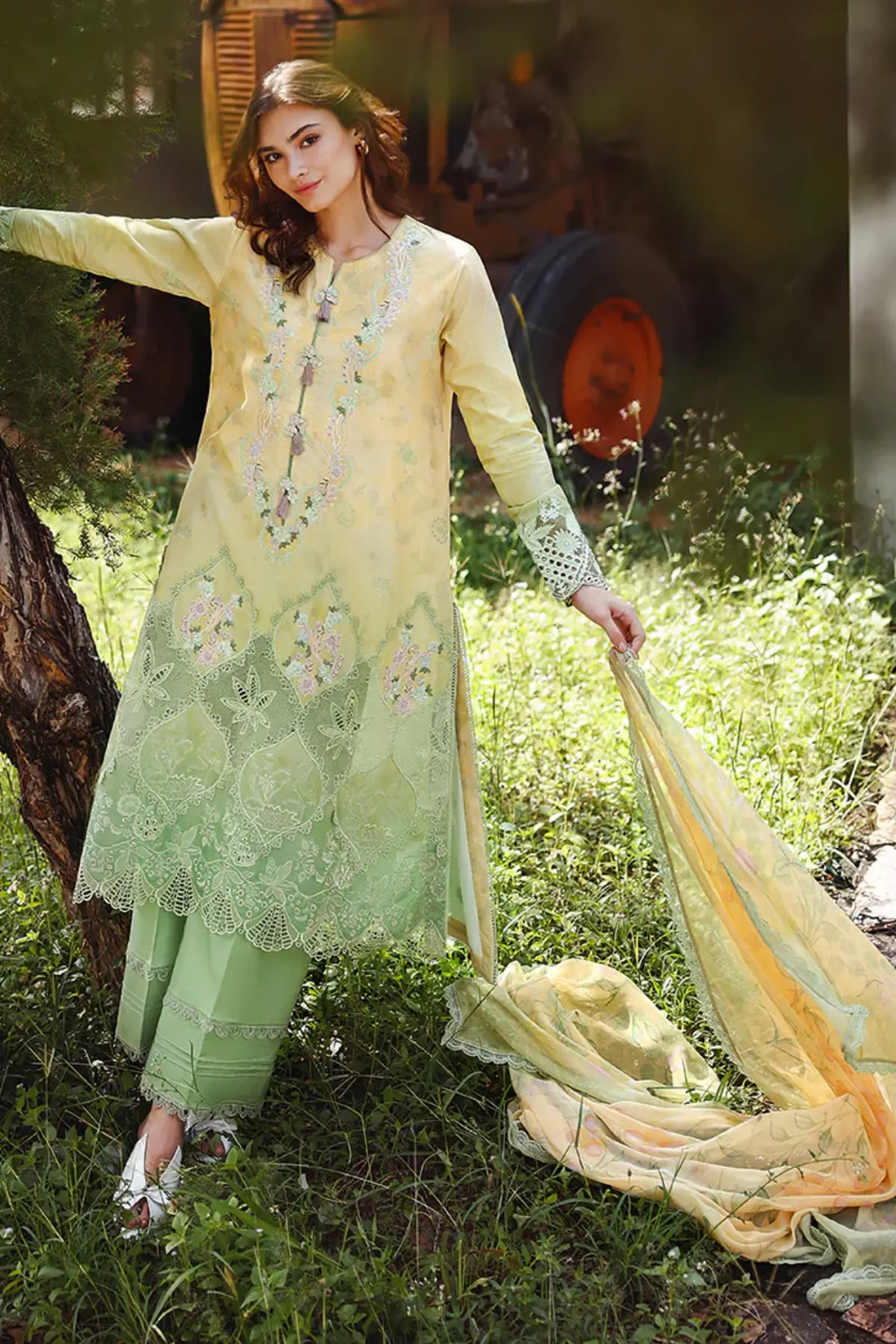 Quiet Bloom Mushq yellow green ombre chikankari lawn 3pc stitched suit with chiffon dupatta