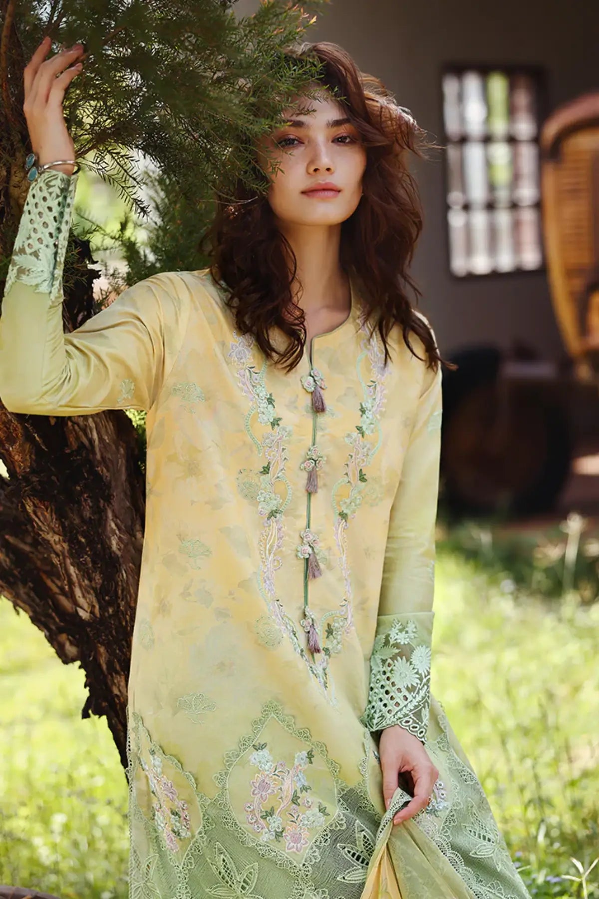 Quiet Bloom Mushq yellow green ombre chikankari lawn 3pc stitched suit with chiffon dupatta