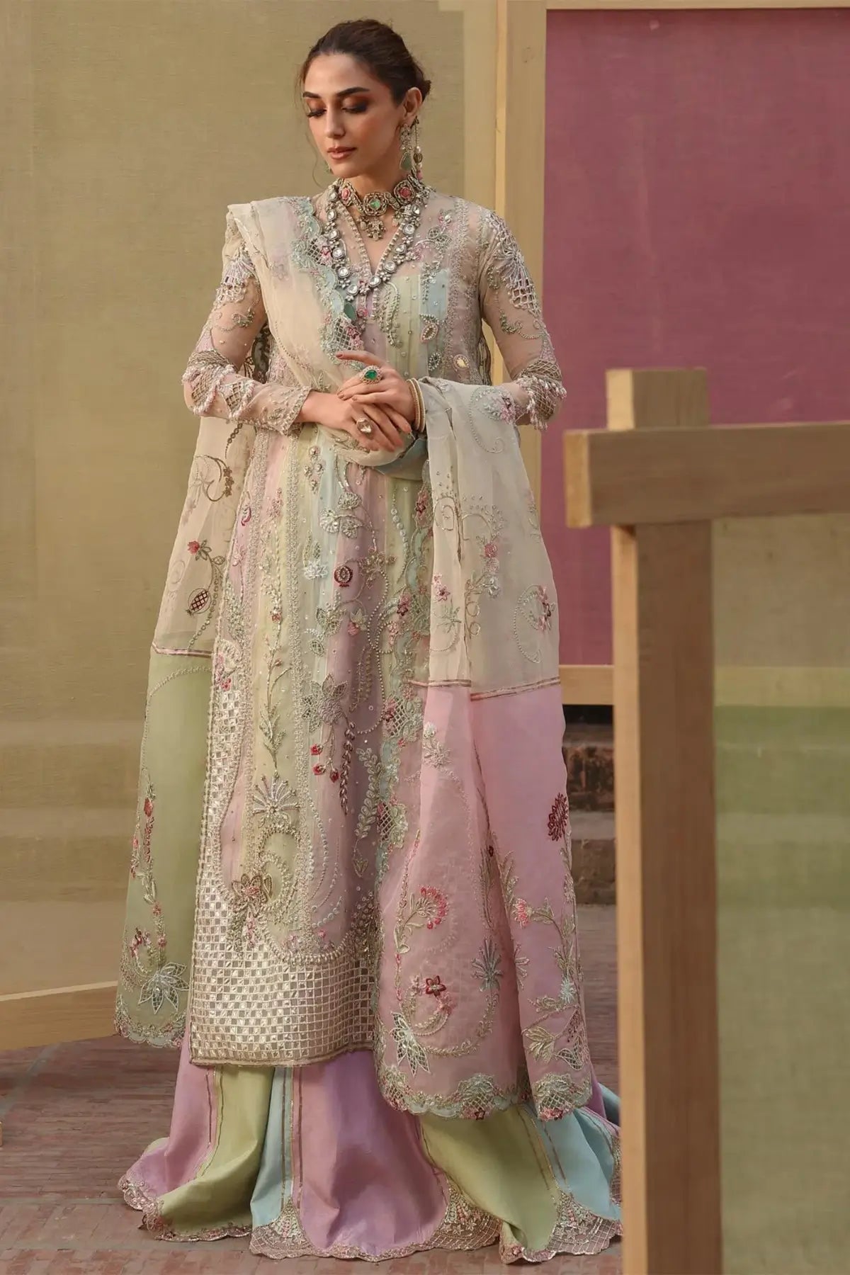 JHILMIL by Crimson RANGOLI ivory stitched designer wedding suit with foil applique and embroidery on ivory dupatta