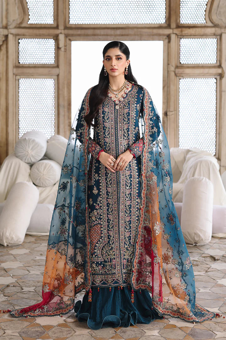 RH-02 Neelam Teal Raw Silk Sharara from Qalamkar Shadmaani Formals 2025, stitched and available at Pakistanimoda with global delivery.