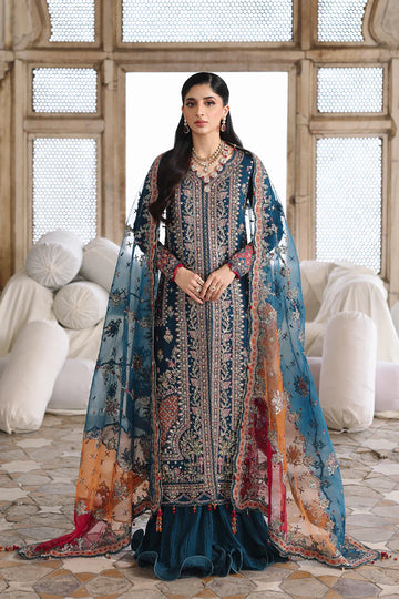 RH-02 Neelam Teal Raw Silk Sharara from Qalamkar Shadmaani Formals 2025, stitched and available at Pakistanimoda with global delivery.