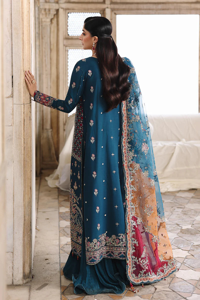 RH-02 Neelam Teal Raw Silk Sharara from Qalamkar Shadmaani Formals 2025, stitched and available at Pakistanimoda with global delivery.