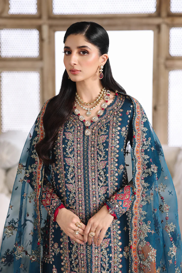 RH-02 Neelam Teal Raw Silk Sharara from Qalamkar Shadmaani Formals 2025, stitched and available at Pakistanimoda with global delivery.