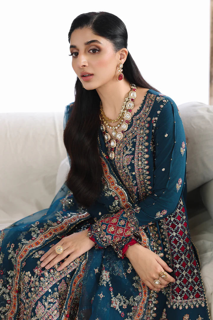 RH-02 Neelam Teal Raw Silk Sharara from Qalamkar Shadmaani Formals 2025, stitched and available at Pakistanimoda with global delivery.